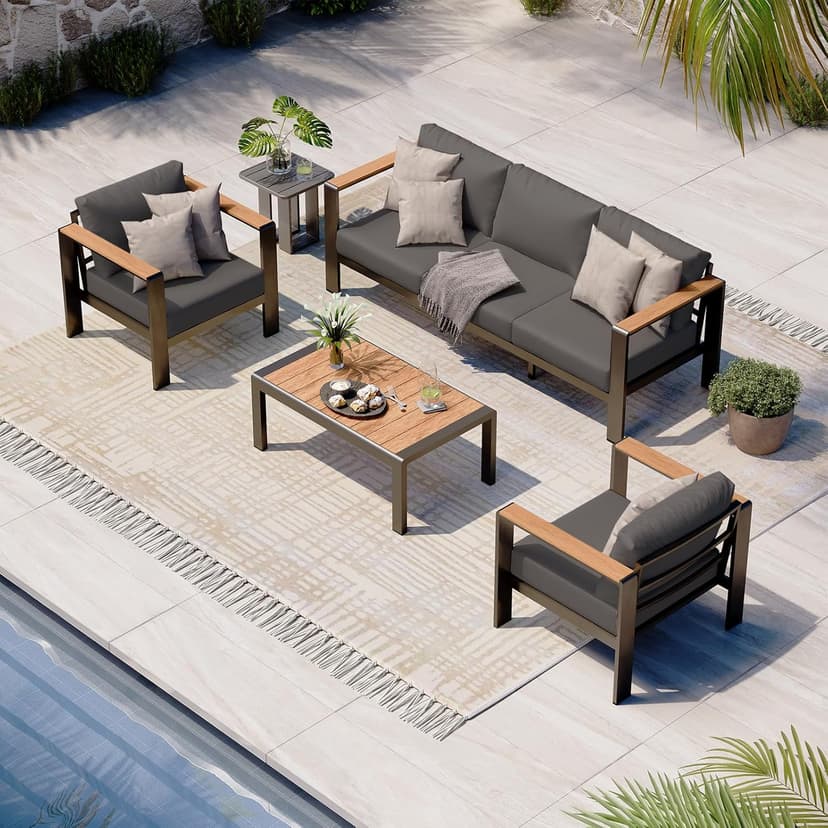 Aluminum Outdoor Patio Furniture Set with Coffee Table, 4 Piece Patio Conversation Sets with Washable Thick Cushions, Patio Sectional Furniture Set for Porch, Balcony, Deck, Graphite