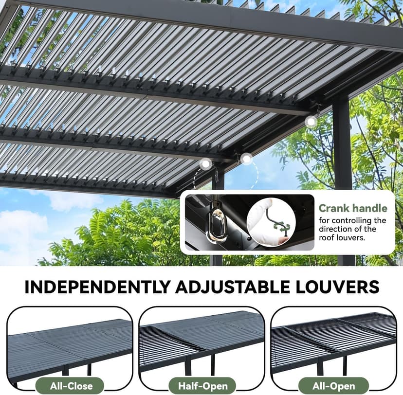 MELLCOM Louvered Pergola 10x18, Modern Aluminum Pergola with Adjustable Roof, Outdoor Shade Structure with Integrated Drainage System, Hardtop Gazebo Carport for Patio