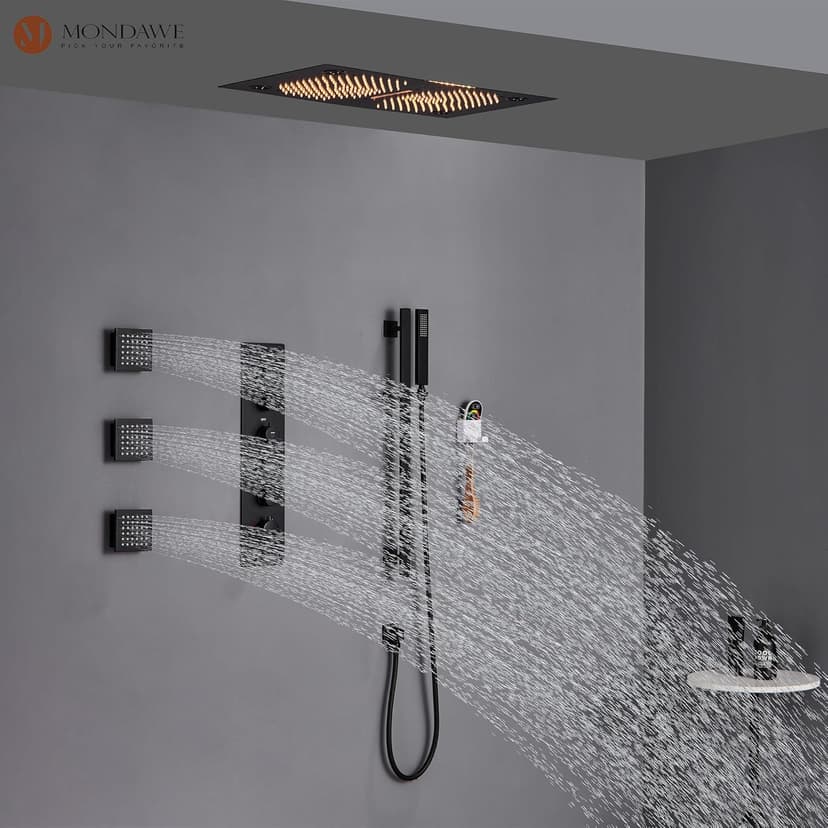 MONDAWE 28 Inch Flush-Mounted Thermostatic Shower System in Matte Black, 64 Colors LED and Bluetooth Control Music Rainfall Shower Head, Handheld Spray and Body Jets, High Pressure Shower Faucet Set