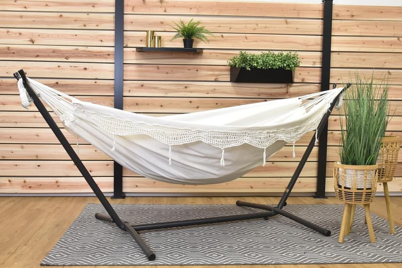 Vivere Double Cotton Hammock with Space Saving Steel Stand, Upgraded Polyester End Strings 450 lb Capacity - Premium Carry Bag Included - USA Grown Cotton (Natural)