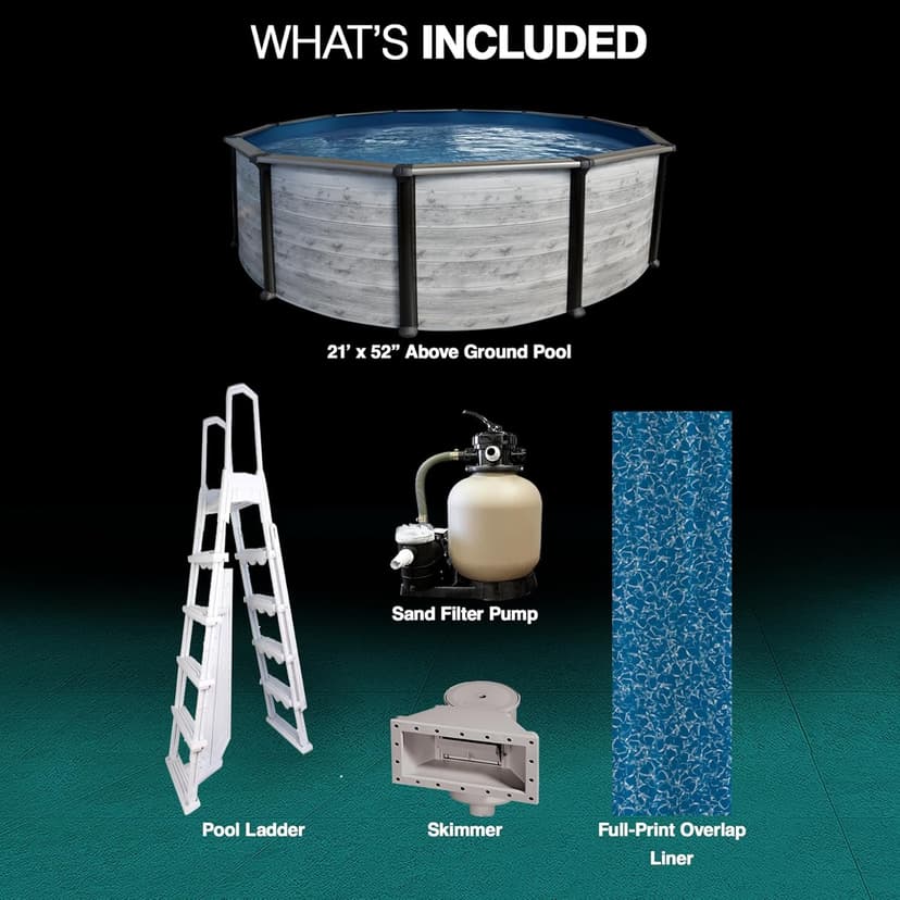 Puri Tech 21' x 52" Round Hollywood Above Ground Pool Package - Featuring: Full-Print Overlap Liner, Skimmer, Filtration System and A-Frame Ladder