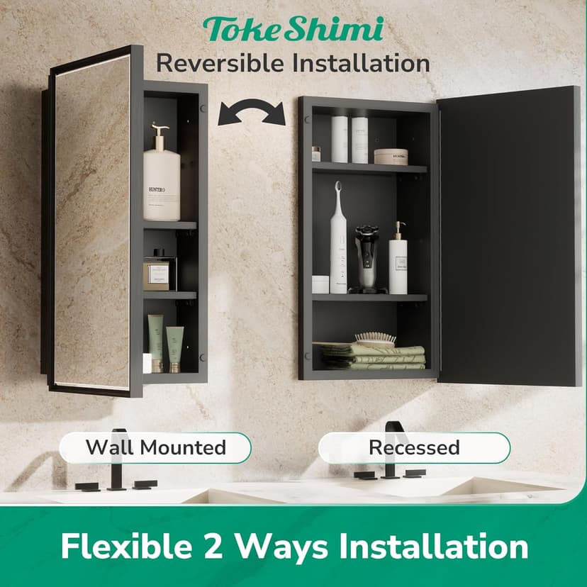 TokeShimi 17x25 Recessed Medicine Cabinet with Mirror Surface Mounted, Metal Beveled Mirror with Storage for Bathroom Vanity, Aluminum Black Medicine Cabinet Mirrored