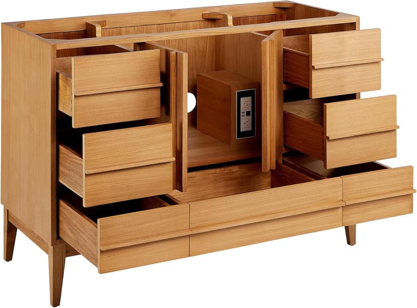 Signature Hardware 955208-48-RUMB Sybill 48" Freestanding Teak Single Basin Vanity Set with Cabinet, Vanity Top, and Rectangular Porcelain Sink - No Faucet Holes - Natural Teak/Arctic White