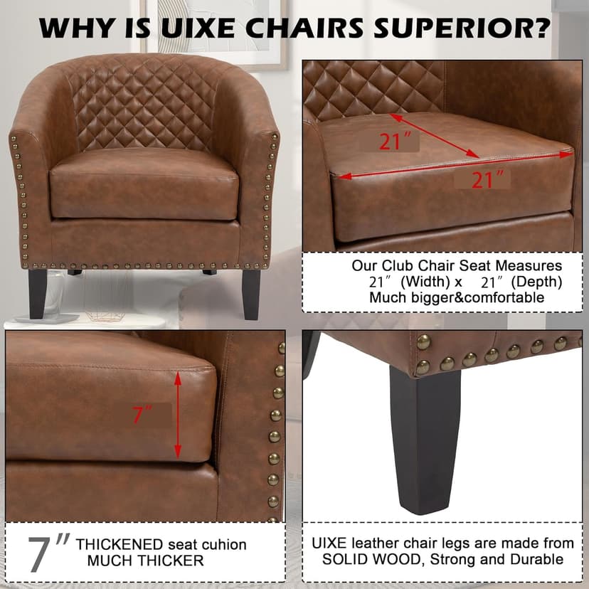 UIXE Faux Leather Accent Chairs Set of 2, Barrel Club Chair Modern Upholstered Armchair for Living Room, Comfy Nailed Trim Arm Chair Bedroom Reading Seat, Brown
