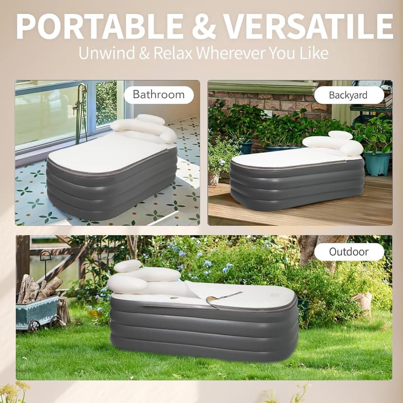 Inflatable Bathtub, Portable Bathtub Adult with Electric Air Pump, Freestanding Foldable Spa Tub with Backrest Cup Holder for Indoor Outdoor, Easy to Inflate＆Drain (Gray)