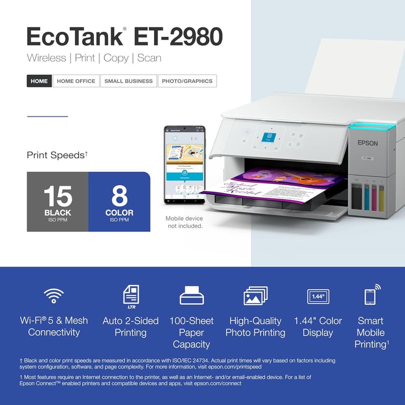 Epson EcoTank ET-2980 Wireless All-in-One Color Supertank Printer with up to 3 Years of Ink, Refillable Tanks, Perfect for Home, 15 PPM, 1.44" Color Screen, Auto 2-Sided Printing - White