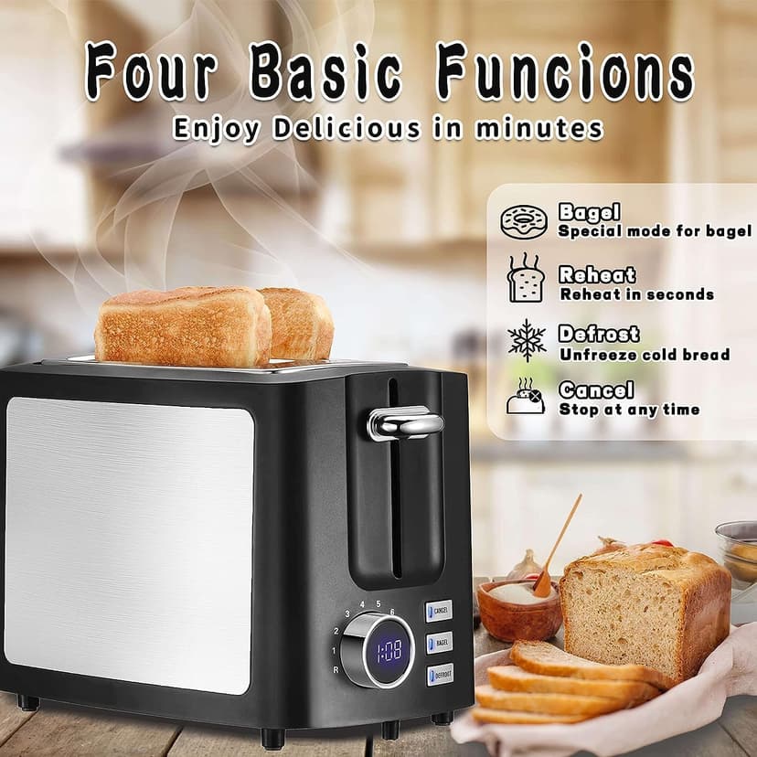 Toaster 2 Slice Wide Slot Toaster Best Rated Prime Displav Smart Toasters with LCD Digital Countdown Timer and Bagel/Defrost/Cancel/Reheat Function