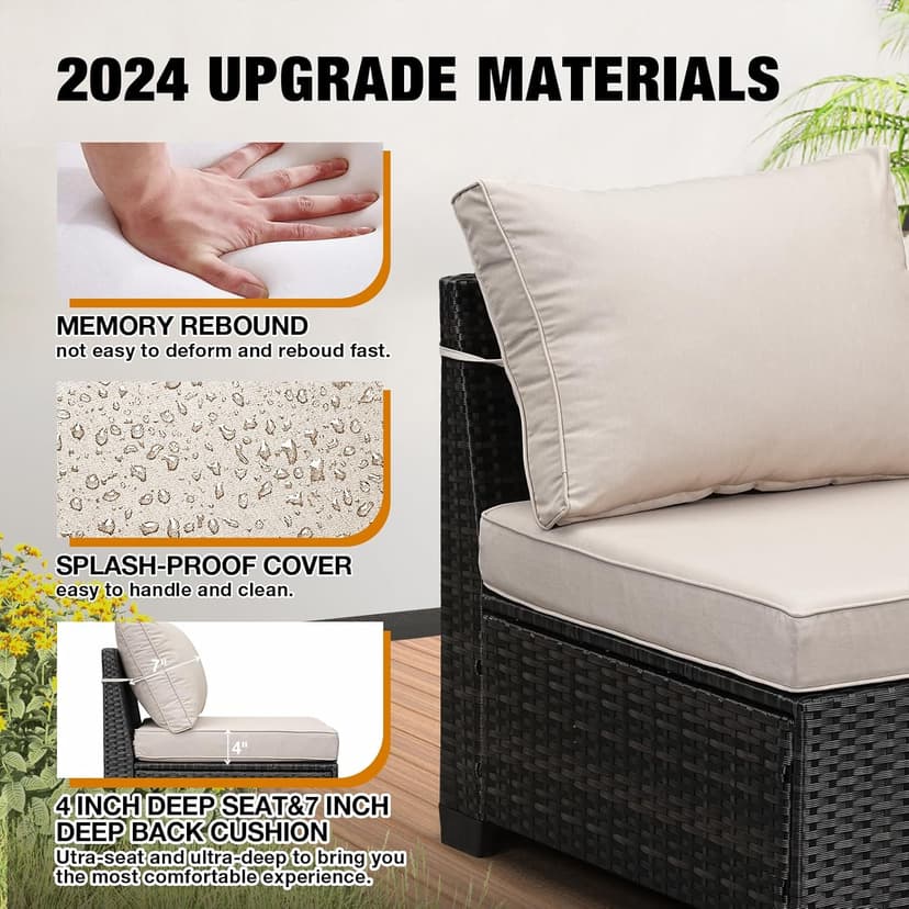 6 Pieces Patio Furniture Set All-Weather Outdoor Wicker Sectional Conversation Sofa Rattan Patio Seating Sofa with Cushion and Glass Table for Porch Poolside,Beige