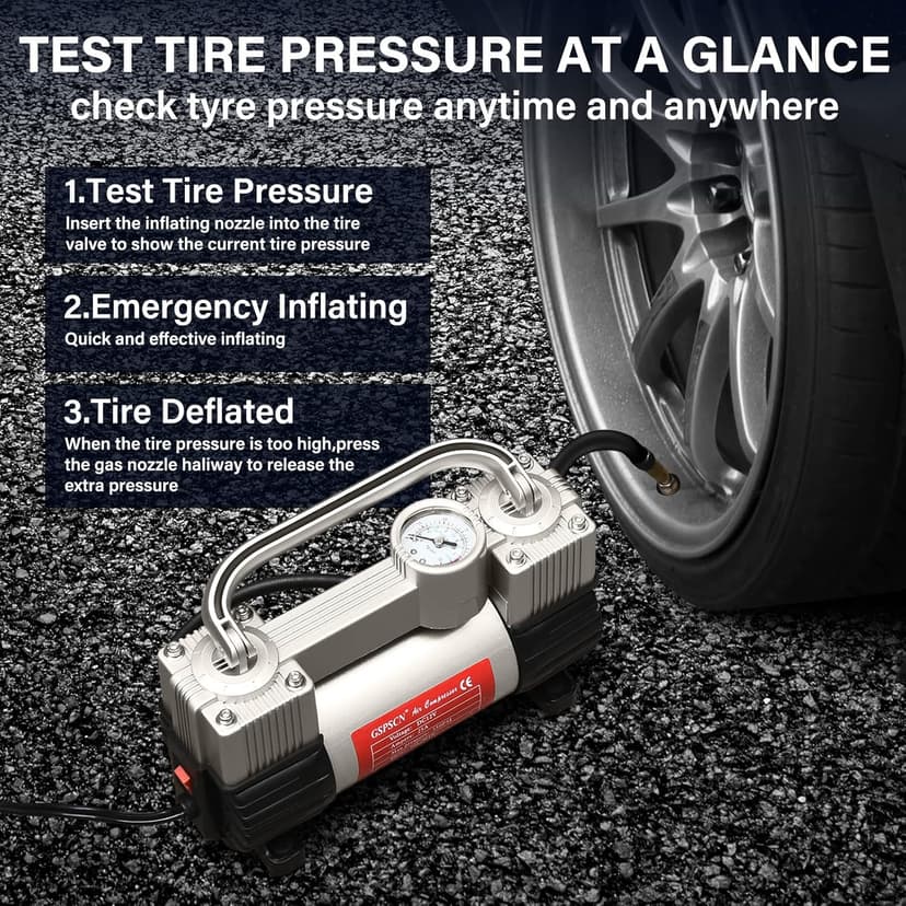 GSPSCN Silver Tire Inflator Heavy Duty Double Cylinders with Portable Bag- Car Accessories，Metal 12V Air Compressor Pump 150PSI with Adapter for Car, Truck, SUV Tires, Dinghy, Air Bed etc