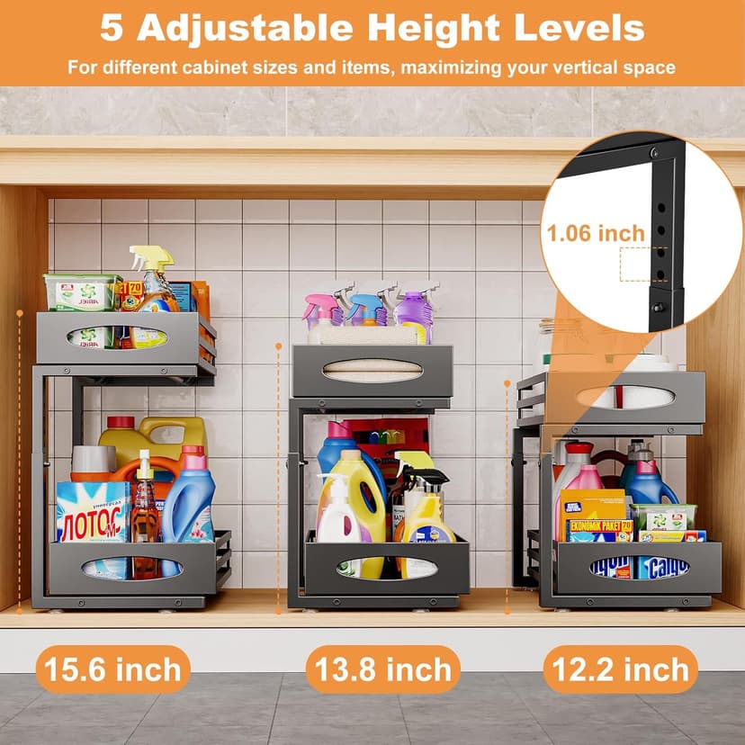 Under Sink Organizer, Pull Out Cabinet Organizers, Slide Sink Steel Shelf Cabinet Storage Shelves, Under Sink Storage for Kitchen Bathroom Cabinet (Black, 2 Pack)