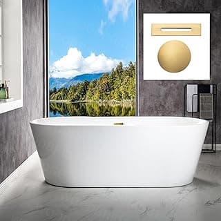 WOODBRIDGE 71" Acrylic Freestanding Bathtub Contemporary Soaking White Tub with Brushed Gold Overflow and Drain,B1701-BG