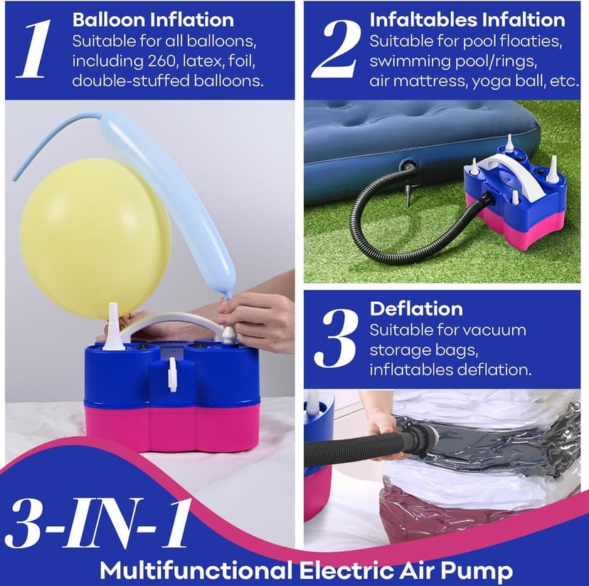 Electric Balloon Pump, 3-in-1 Portable Air Pump for Inflatables and Balloons, Dual Nozzle Balloon Blower Machine for Latex 260q Foil Balloons 110V Inflator Deflator for Pool Floats Air Mattress