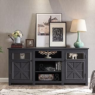 JXQTLINGMU Farmhouse TV Stand for 75 Inch TV, Entertainment Center with Storage, Rustic TV Cabinet with Barn Doors, 66" TV Console for Living Room, Adjustable Shelf - Black