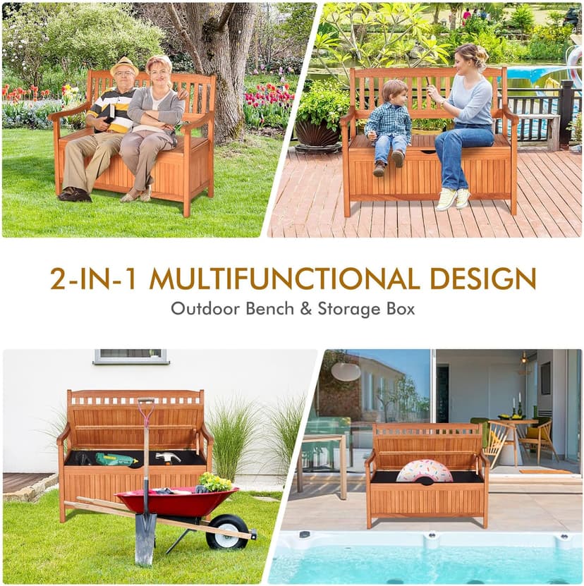 Safstar Outdoor Patio Bench with Storage Box, 33 Gallon Capacity, Wooden Frame, Eucalyptus Material, Natural Color, 42 x 23 x 35.5 Inches