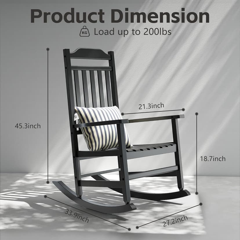 Patio Rocking Chair Outdoor Set of 2,Weather Resistant Poly Resin Oversized Porch Rocker,High Back Smooth Design,350lb Weight Capacity,Indoor Outdoor Use(2,Black)