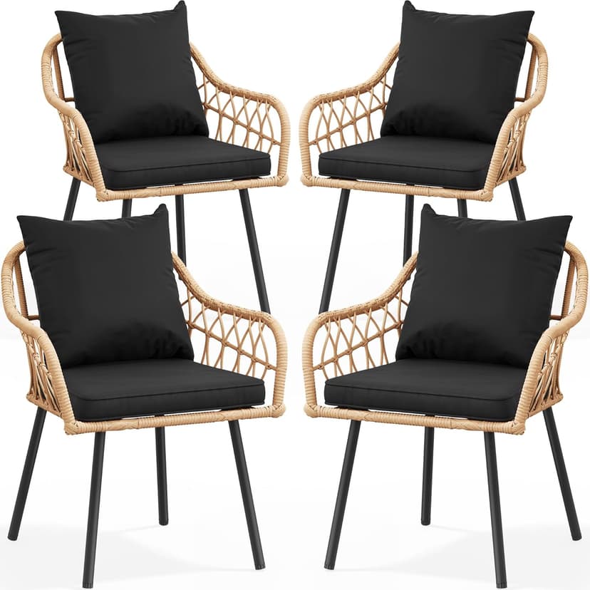 YITAHOME Patio Chairs Set of 4, Outdoor Patio Furniture Dining Chairs, All-Weather Rattan Conversation Chairs with Soft Cushions for Backyard Deck (Light Brown+Black)