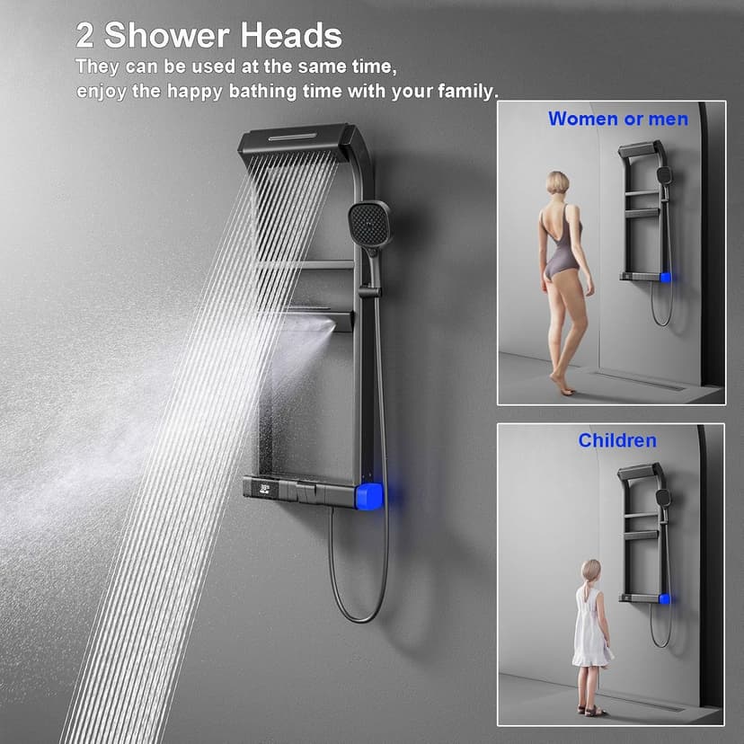 Thermostatic Shower System, 2025 Innovative 6 Functions Shower Faucet Set, LED Digital Display, 5 Piano Keys, 40x10cm Shower Head Sets Complete and Handheld, Bathtub Faucet, 59A Copper