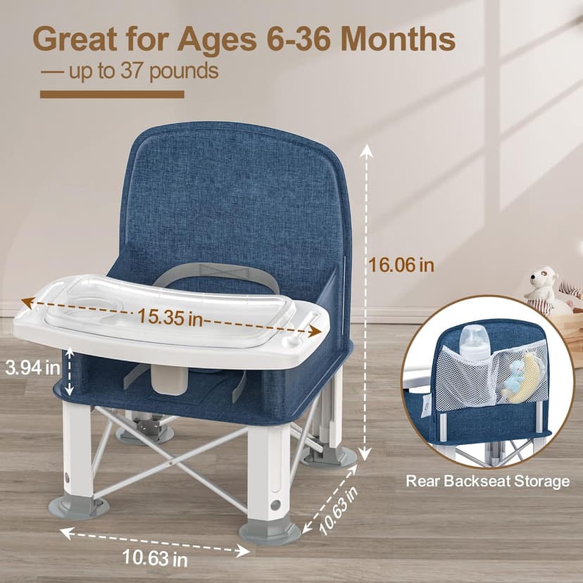 Baby Travel Booster Seat with Double Tray, BabyBond Upgraded Toddler Portable Baby Chair, Booster Seat for Dining Table, Stable and Foldable Booster Baby Chair for Indoor/Outdoor use (Denim Blue)