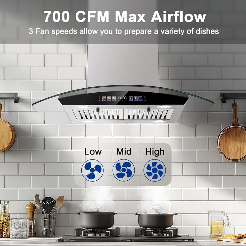 Island Range Hood 30 Inch 700 CFM Ceiling Mount Kitchen Vent Hood Tempered Glass with Color Gesture Sensing & Touch Control, 3 Speed Fan, 4 LED Lights, Permanent Filters
