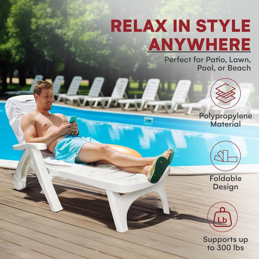 Wild Wolf Outfitters Outdoor Folding Lounge Chair - Adjustable Lightweight Chaise Pool Chairs - Plastic Chairs for Patio, Lawn, Deck or Beach- Outdoor Furniture - White, Chaise Lounge Outdoor