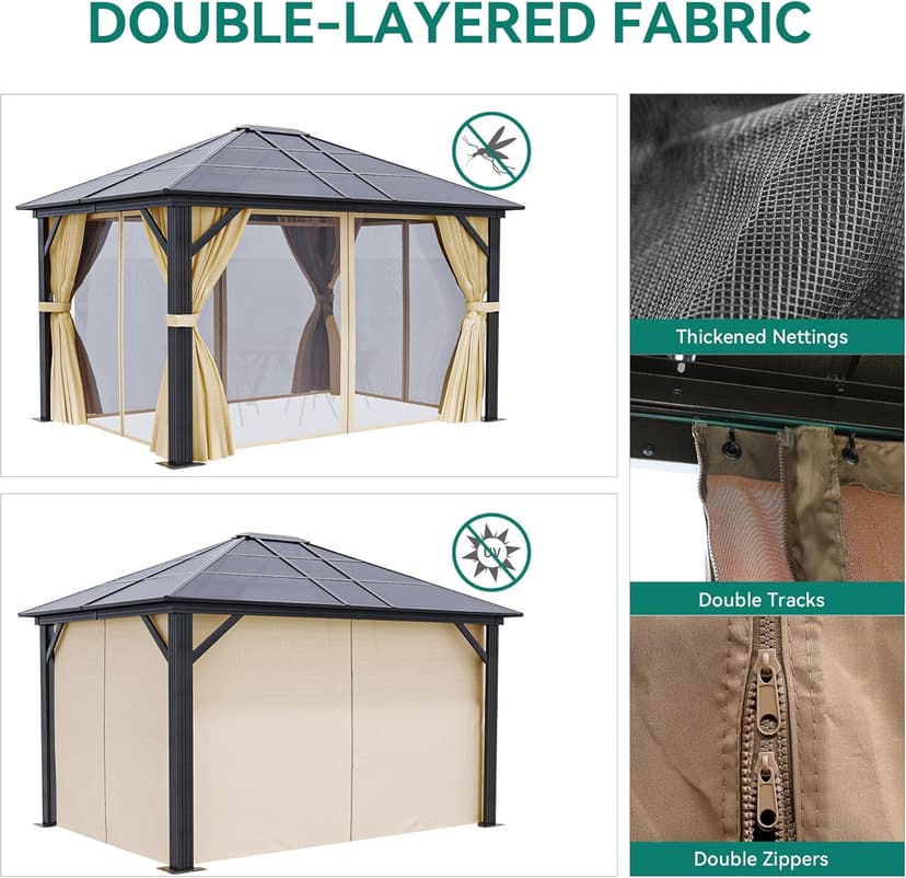 YITAHOME 10x12 Polycarbonate Gazebo Hardtop Outdoor Canopy with Netting and Shaded Curtains, Aluminum Frame Garden Tent for Patio, Backyard, Deck and Lawns, Brown
