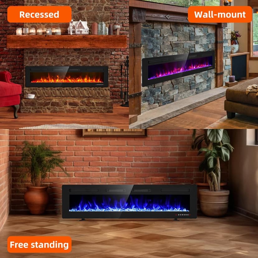 Electric Fireplace-72 inch Fireplace Wall Mount/Recessed/Free Standing-Ultra Thin Wall Fireplace Electric with Remote Control, Timer, Double Heat Vent, 750w/1500w