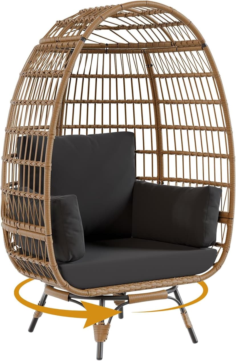 360°Oversize Swivel Egg Chair Outdoor, Heavy-Duty Steel Wicker Egg-Shaped Chair w/4 Cushions, Patio Rotating Rattan Egg Basket Lounge Seat for Patio, Porch, Backyard, Living Room, Black