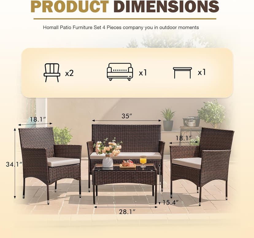 Homall 4 Pieces Outdoor Patio Furniture Sets Rattan Chair Wicker Set, Outdoor Indoor Use Backyard Porch Garden Poolside Balcony Furniture Sets Clearance (Brown and Beige)
