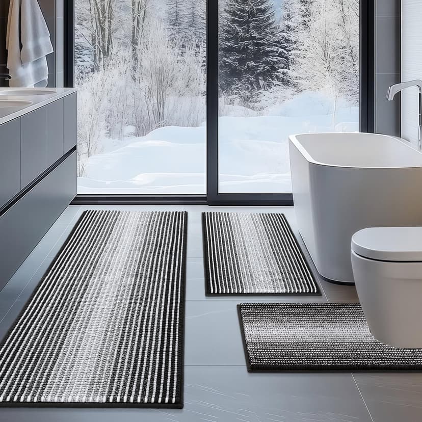 BSICPRO Bathroom Rugs Sets 3 Piece, Toilet Rugs U-Shaped Contour Bath Mat Set, Striped Absorbent Non Slip Chenille Shower Mats for Bathroom, Black