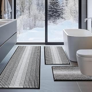 BSICPRO Bathroom Rugs Sets 3 Piece, Toilet Rugs U-Shaped Contour Bath Mat Set, Striped Absorbent Non Slip Chenille Shower Mats for Bathroom, Black