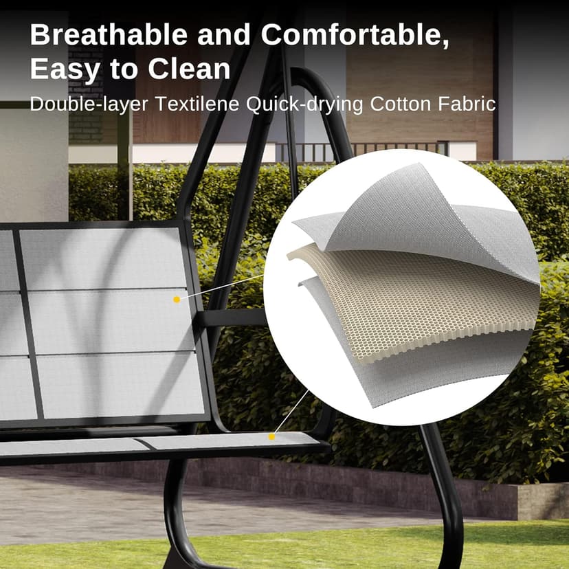 EAST OAK 3-Person Outdoor Patio Swing Chair with Adjustable Canopy, Porch Swing with Comfortable and Breathable Seats, Outdoor Swing Chairs for Garden, Balcony, Backyard, Charcoal Black