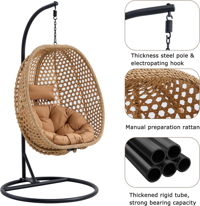 Hanging Egg Chair with Stand & Cushions, Outdoor and Indoor Hammock Rattan Swing Chair 350 lbs Capacity with Aluminum Steel Frame for Patio, Balcony, Backyard and Living Spaces (Light Brown)