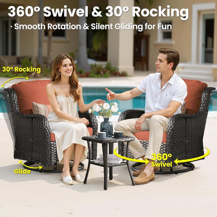 ovios 7 Pieces Patio Furniture Set, Outdoor Wicker Sofa Couch with Swivel Chairs 42" Fire Pit Table, All Weather High Back Modern Conversation Sets, Brown Rattan, Orange Red