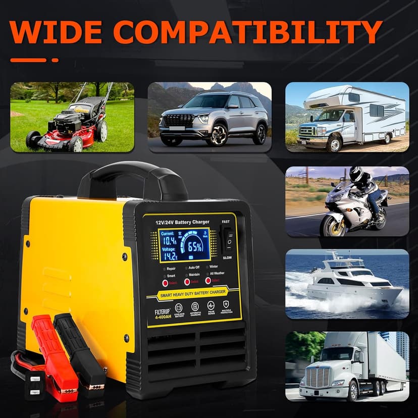 12V 24V Lead-Acid Battery Charger Heavy Duty, 0-15A Smart Automatic Battery Maintainer, Trickle Charger with Repair, Auto Off, Winter Summer Mode, for Car Truck Boat Motorcycle RV Lawn Mower (Yellow)