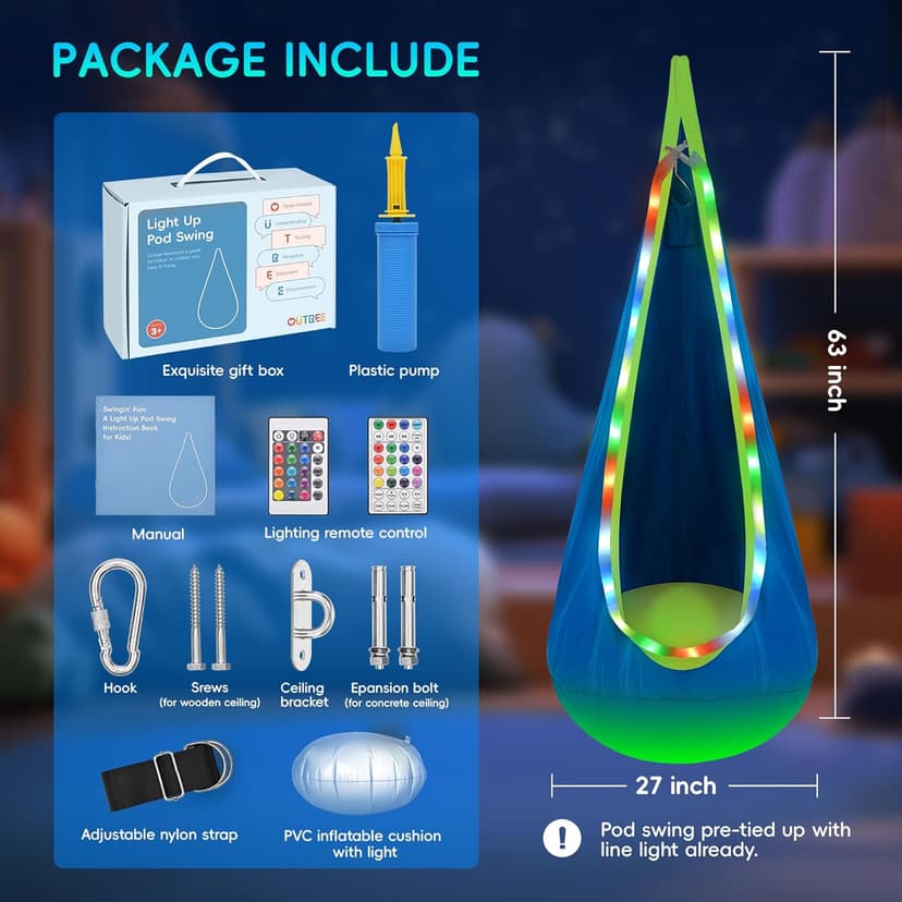 OUTREE Light Up Pod Swing Seat, Sensory Swing with LED Light, Cotton Kids Chair for Indoor and Outdoor, Hammock Chair Easy to Install, Blue