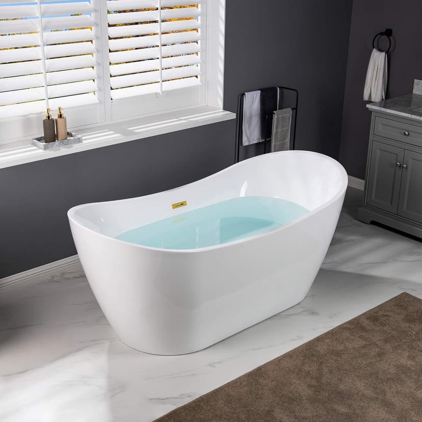 WOODBRIDGE 67" Acrylic Freestanding Bathtub Contemporary Soaking White Tub with Brushed Gold Overflow and Drain，B0010-BG