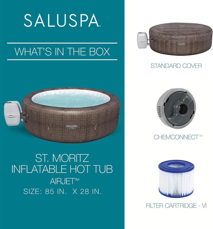 Bestway SaluSpa St Moritz Large Round AirJet 7 Person Inflatable Hot Tub Portable Outdoor Spa with 180 Soothing AirJets and Cover, Brown
