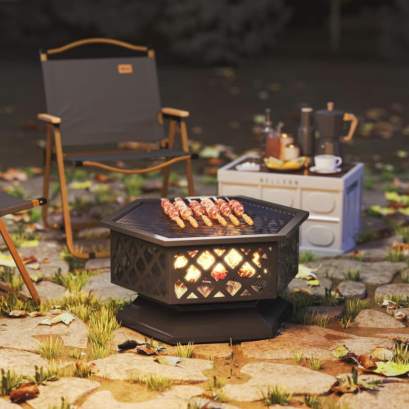 Outsunny 28" Outdoor Fire Pit Grill, Portable Wood Burning Firepit for Outside with Cooking Grate, Fire Poker, Spark Screen Lid, Steel Hexagon Fireplace for Patio Bonfire Backyard BBQ Camping Picnic