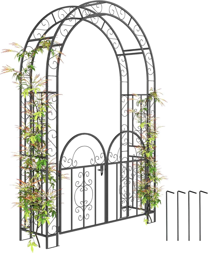 Outsunny 7.4ft Steel Garden Arch with Gate, Garden Arbor Trellis for Climbing Plants, Roses, Vines, Wedding Arch Stand for Outdoor, Garden, Lawn, Backyard, Black