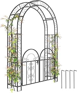 Outsunny 7.4ft Steel Garden Arch with Gate, Garden Arbor Trellis for Climbing Plants, Roses, Vines, Wedding Arch Stand for Outdoor, Garden, Lawn, Backyard, Black