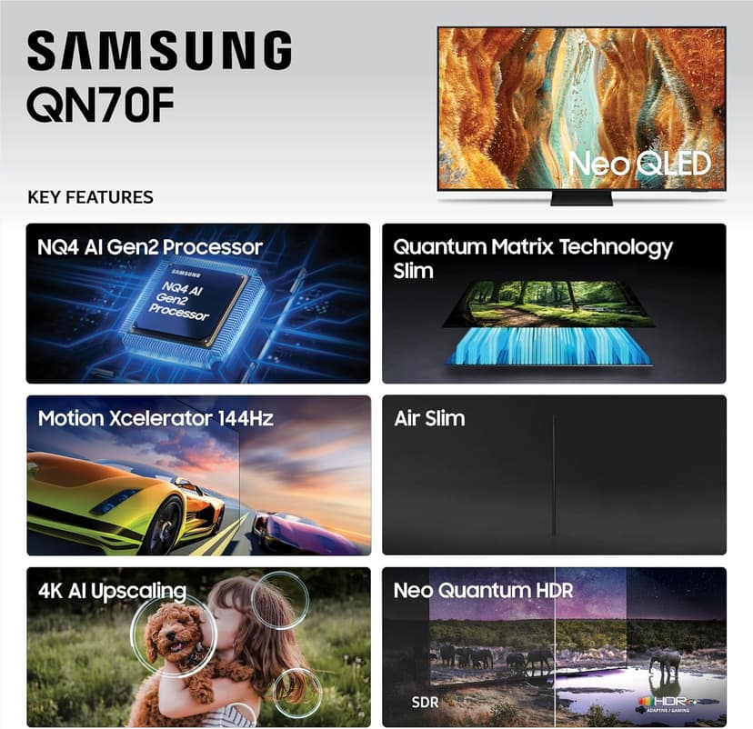 SAMSUNG 75-Inch Class Neo QLED QN70F 4K Mini LED Smart TV (2025 Model) NQ4 AI Gen2 Processor, Quantum Matrix Technology Slim, Motion Xcelerator 144Hz, Samsung Vision AI, Alexa Built-in