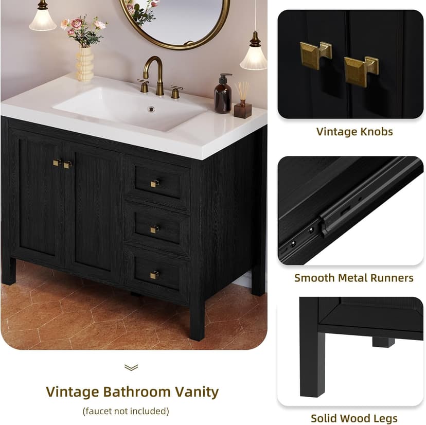 DWVO 42 Inch Bathroom Vanity with Sink Combo, Modern Bathroom Storage Cabinet with Resin Basin, Three Holes, 2 Doors & 3 Drawers, Black