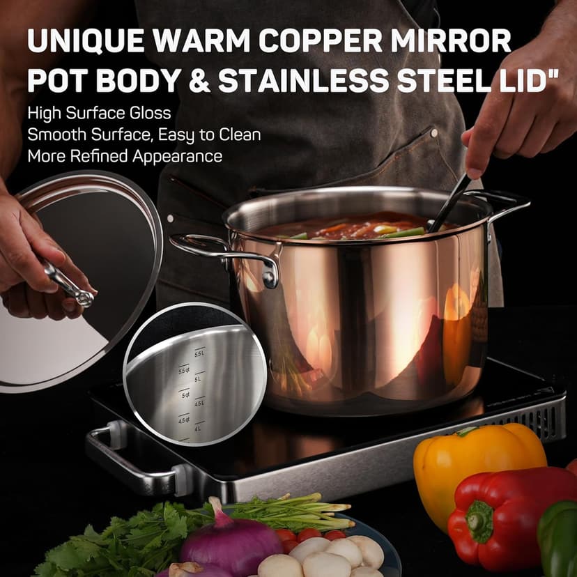 Whole Tri-ply 18/10 Stainless Steel Pot and Pan Set (10 Piece), Copper Pots and Pans Set with Stainless Steel Lid, Induction Cookware Set, Include Stock Pot, Saucepan, Frying Pan - Copper