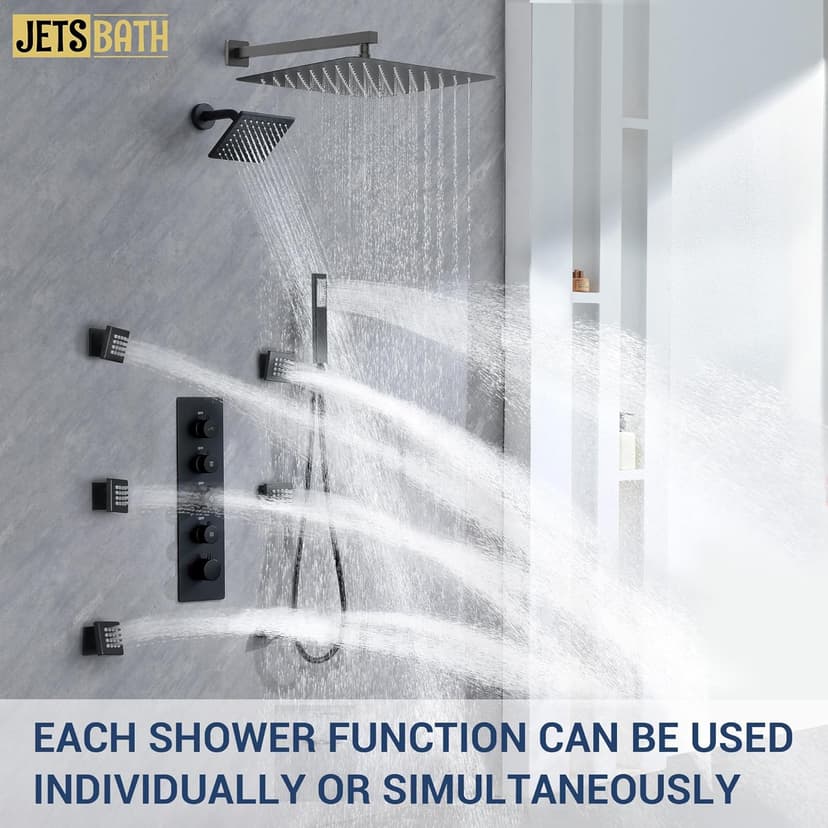 16" Thermostatic Dual Rainfall Head Shower System with Handheld & Valve, 16-Inch Shower Faucet Set with 6-Inch Shower Head, JetsBath Matte Black Full Body Shower System for Couples/2-Person