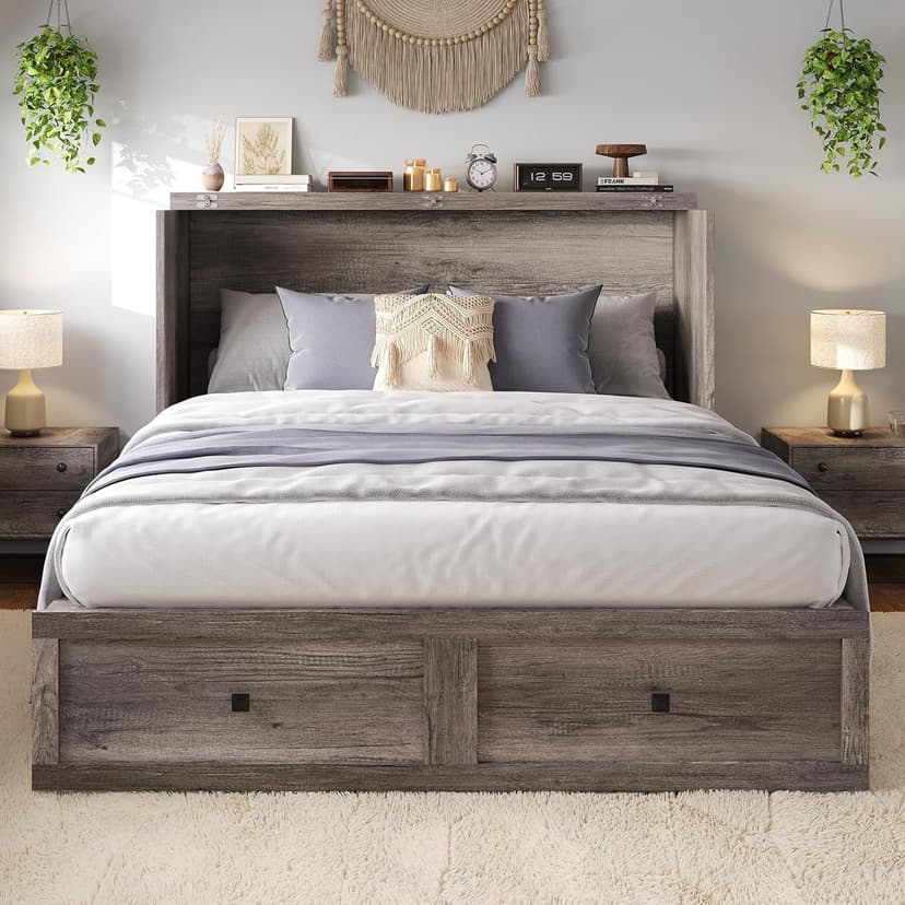 Murphy Bed Queen Size Cabinet Bed with Charging Station, Large Storage Drawer for Home Office or Small Room, Hideaway Bed Full Foldable Platform Bed, Rustic Grey