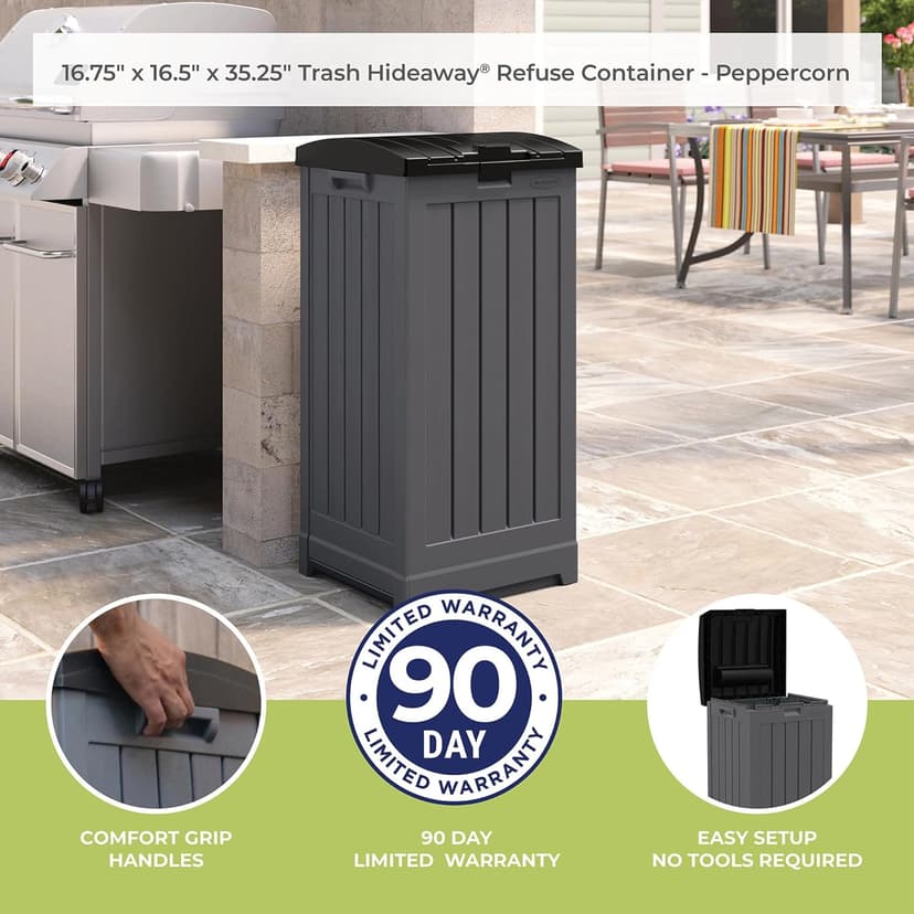 Suncast Trash Hideaway 39 Gallon Outdoor Trash Can Patio or Deck Waste Bin with Latching Lid, Liquid Tray, Handles, and Trash Bag Holder, Peppercorn