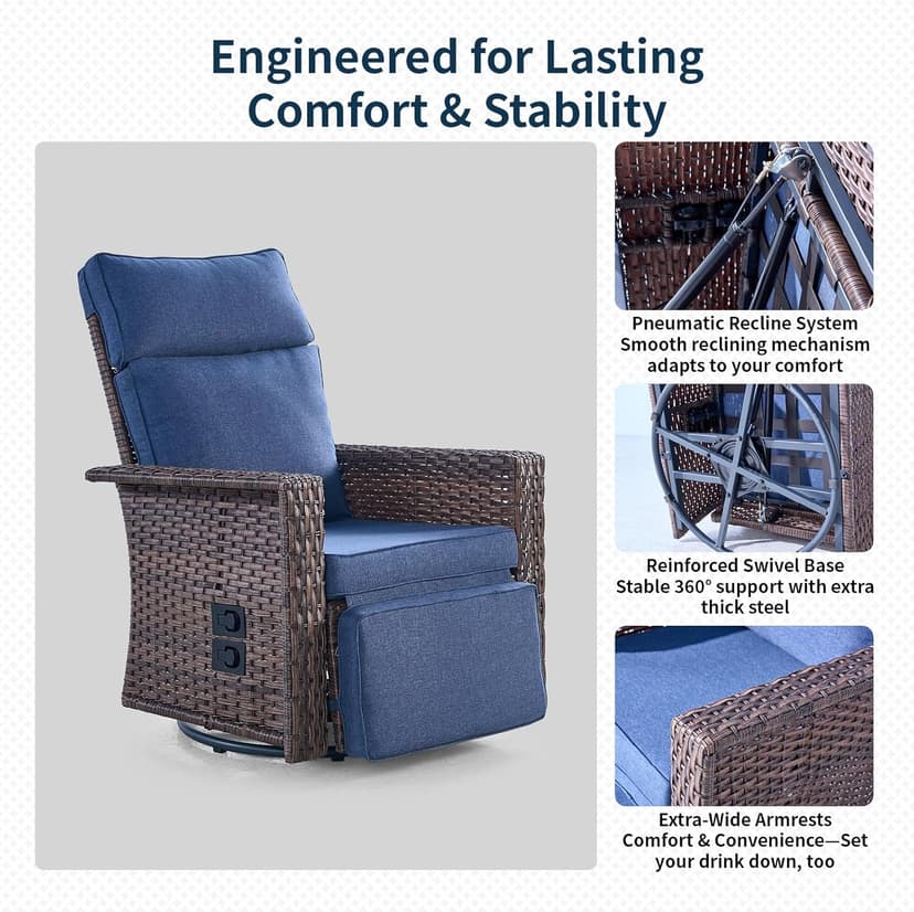 Swivel Patio Recliner Chairs Set of 2, 360° Rotation Outdoor Lounge Chairs, Adjustable Backrest & Footrest, Wide Armrests, PE Wicker with Removable Cushions for Deck, Poolside, Garden