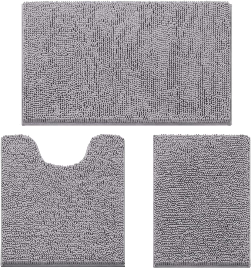 HOMEIDEAS 3 Pieces Bathroom Rugs, Ultra Soft Non Slip Absorbent Chenille Toilet Bath Mat Set (Grey)