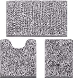 HOMEIDEAS 3 Pieces Bathroom Rugs, Ultra Soft Non Slip Absorbent Chenille Toilet Bath Mat Set (Grey)