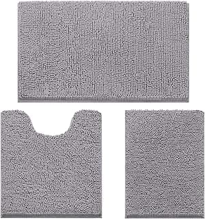 HOMEIDEAS 3 Pieces Bathroom Rugs, Ultra Soft Non Slip Absorbent Chenille Toilet Bath Mat Set (Grey)